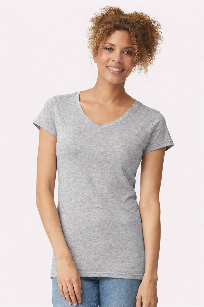 Gildan Softstyle Cotton Semi Fitted V Neck Short Sleeve Casual Fashion T Shirt For Women